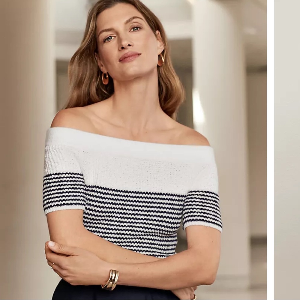 Off-Shoulder White and Navy Striped Knit Sweater